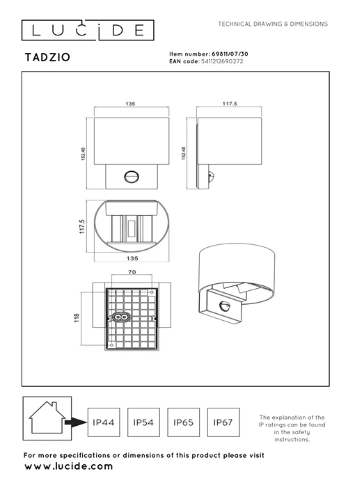 Lucide TADZIO - Lámpara de pared Dentro/Fuera - LED - CCT - 1x7W 2700K/4000K - IP65 - Sensor movimiento - Negro - Essential - técnico